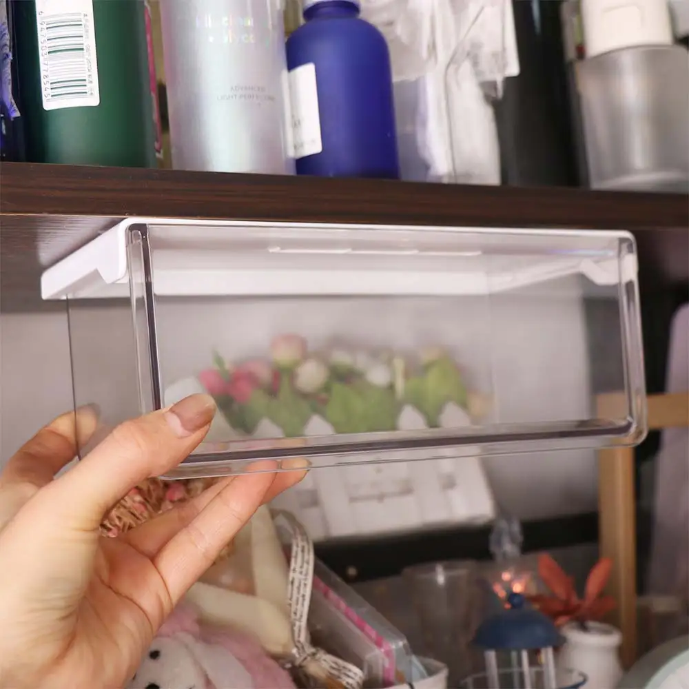 

Plastic Drawer Style Storage Box Transparent Self Adhesive Under Desk Drawer Organizer Large Capacity Space Saving Jewelry Case