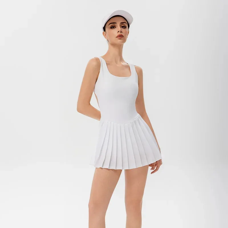 Women'S Sportswear For Tennis Training Sexy Sleeveless Backless Pleated Dress Quick-Drying Badminton Dress Built-In Chest Pad