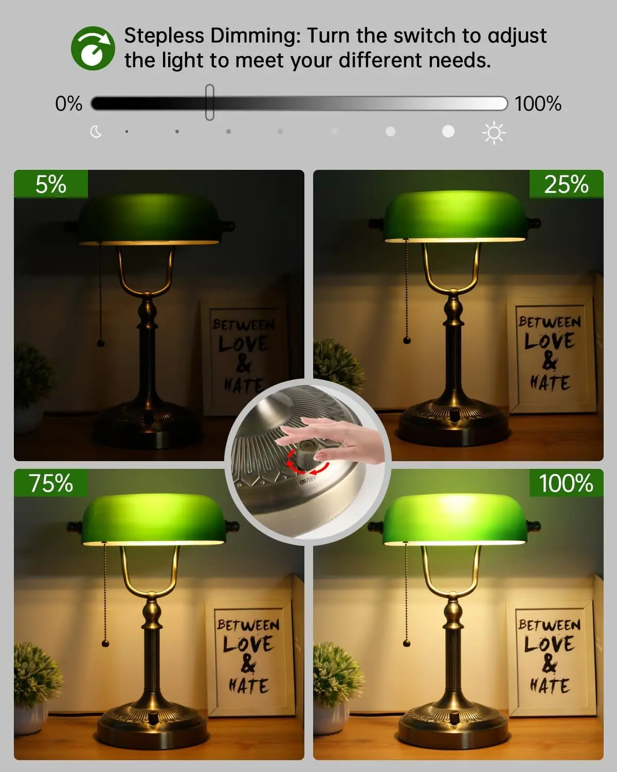 Green Glass Bankers Desk Lamp, Stepless Dimmable Table Lamp Plug in Fixture for Study, Office, LED Bulb Included