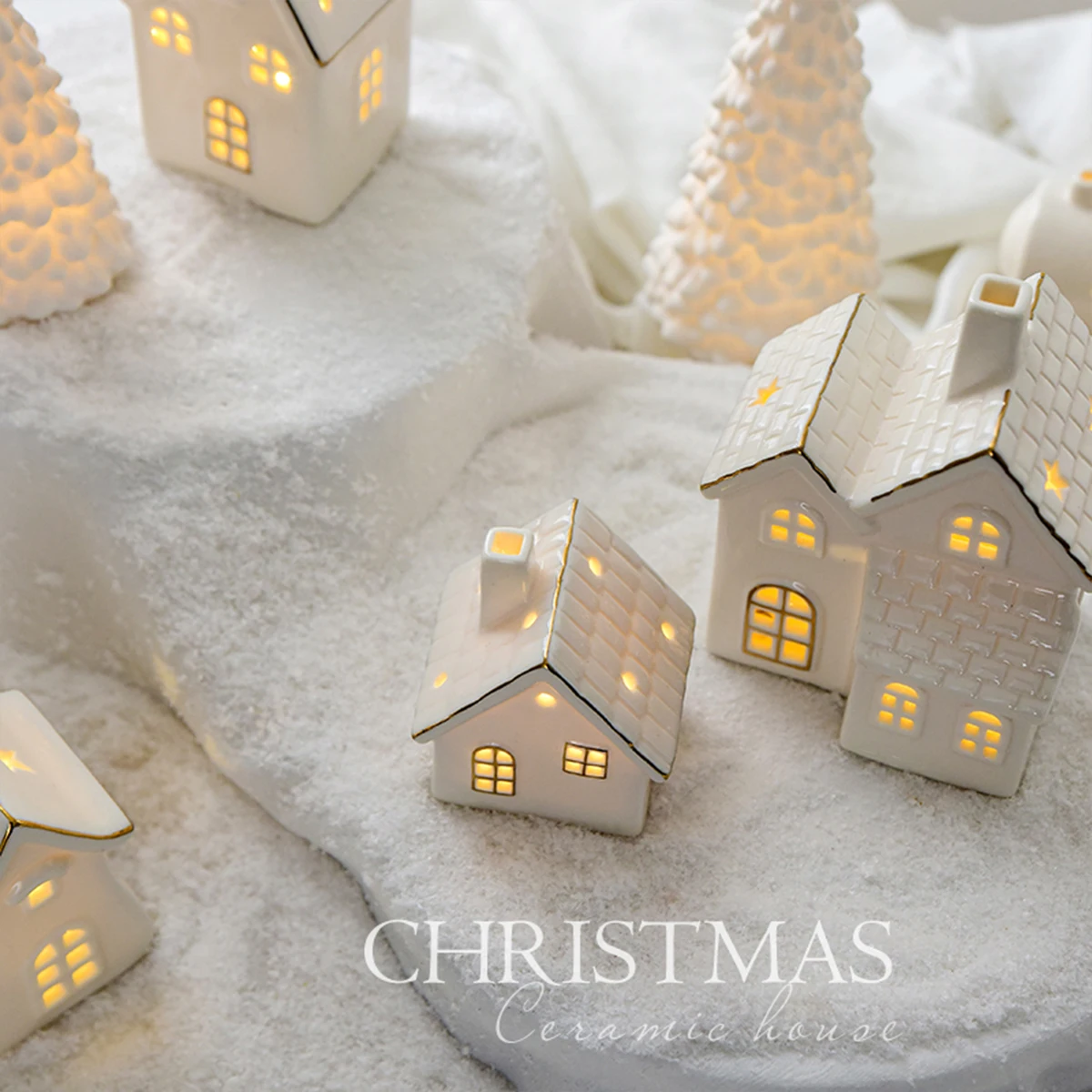 Ceramic creative ornaments small houses Christmas decorations Christmas glowing snow houses home furnishings INS ornaments