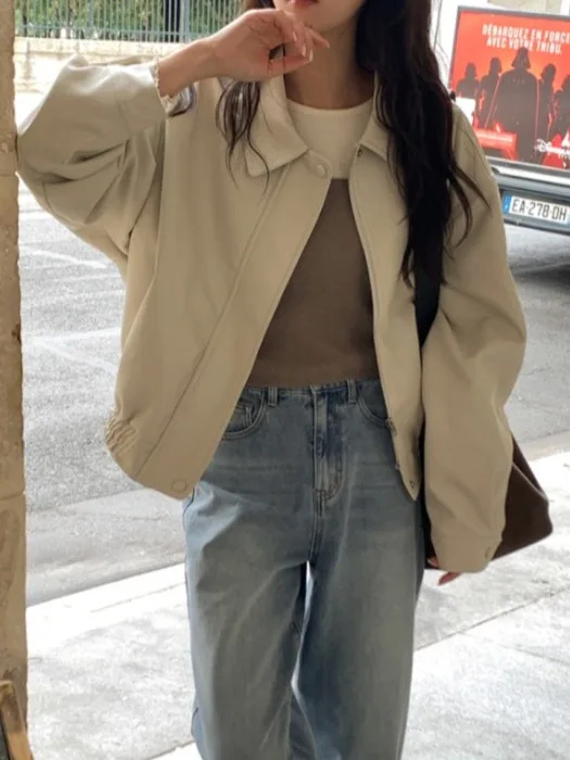 

Retro Collar Jaet Women's Chic Zip Design Casual Versatile Hong Kong Sle Leather Coat Long Sve Commute Autumn Faion