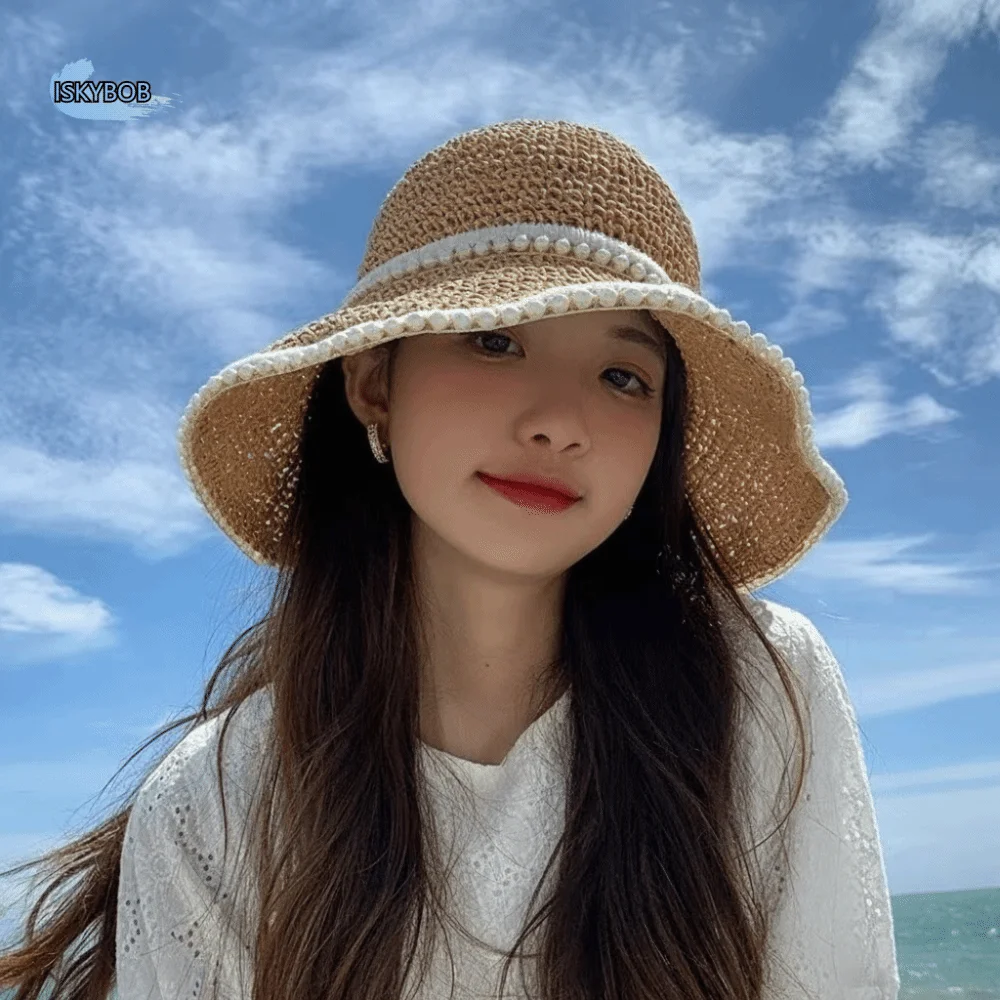 

Fashion Pearl Women Sun Hat Solid Color Korean Style Straw Fisherman Hat Visor Cap Breathable Bucket Hat Seaside