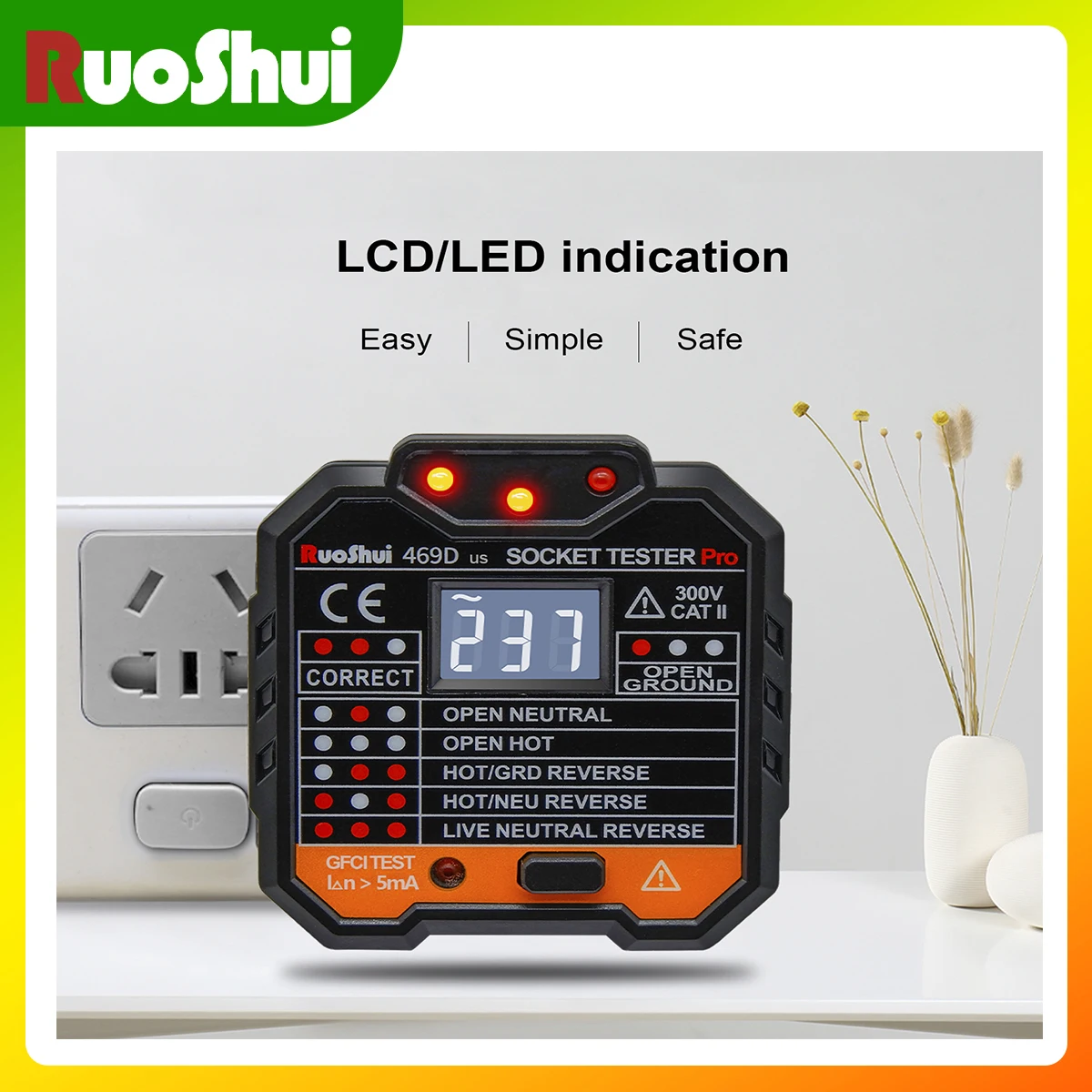 RuoShui 469D Socket Tester GFCI Outlet Tester Electrical Receptacle Circuit Tester,48-250V AC Outlets Plug Tester,3 Prong