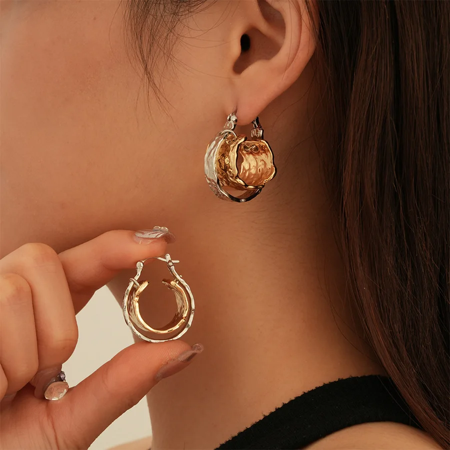 Wind wrinkle circle geometric double-layer earrings light luxury high-end ear buckles exaggerated fashion trend earrings