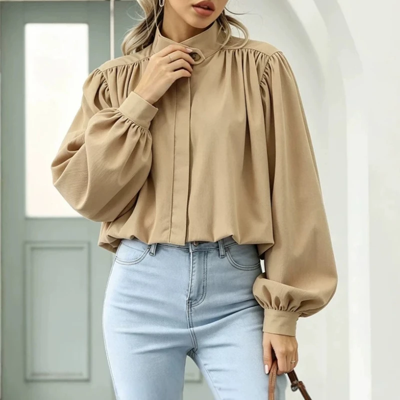 Pleated Stand Collar Jacket for Women with Shoulder Pad Long Sleeve Short Coat Lady Casual Chic Streetwear Outwear Jackets