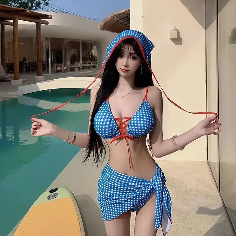 Conjunto de Bikini Sexy con Espalda Descubierta para Mujer, Traje de Baño de Dos Piezas con Estampado Lindo y Pañuelo para la Cabeza, Ideal para Vacaciones de Verano en la Playa