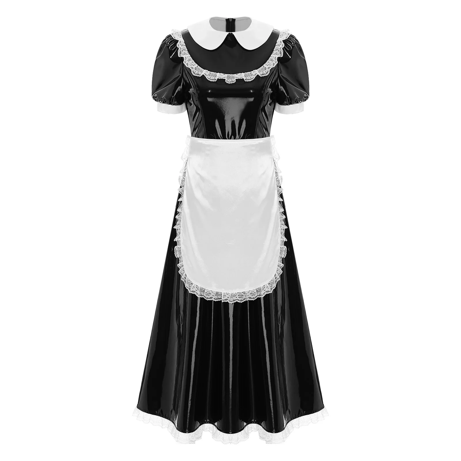 

Womens Halloween French Maid Cosplay Dress with Apron Satin Lapel Collar Lace Trim Short Sleeve Wet Look PU Role Play Maxi Dress