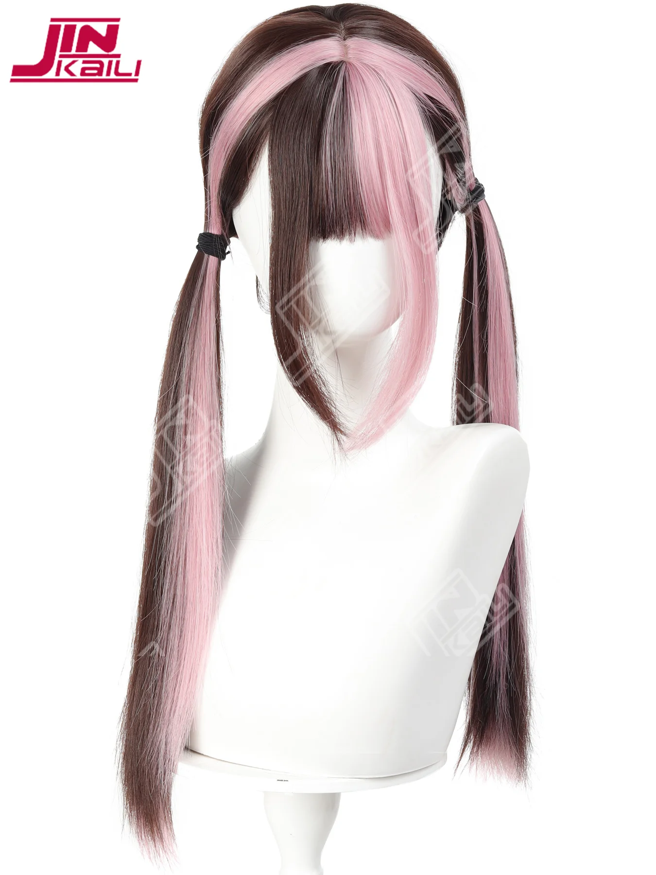 JKL Highlight Pink Synthetic Lolita Double Ponytail Wig Straight Hair Wig with Bangs Suitable for Women Halloween Christmas Wear