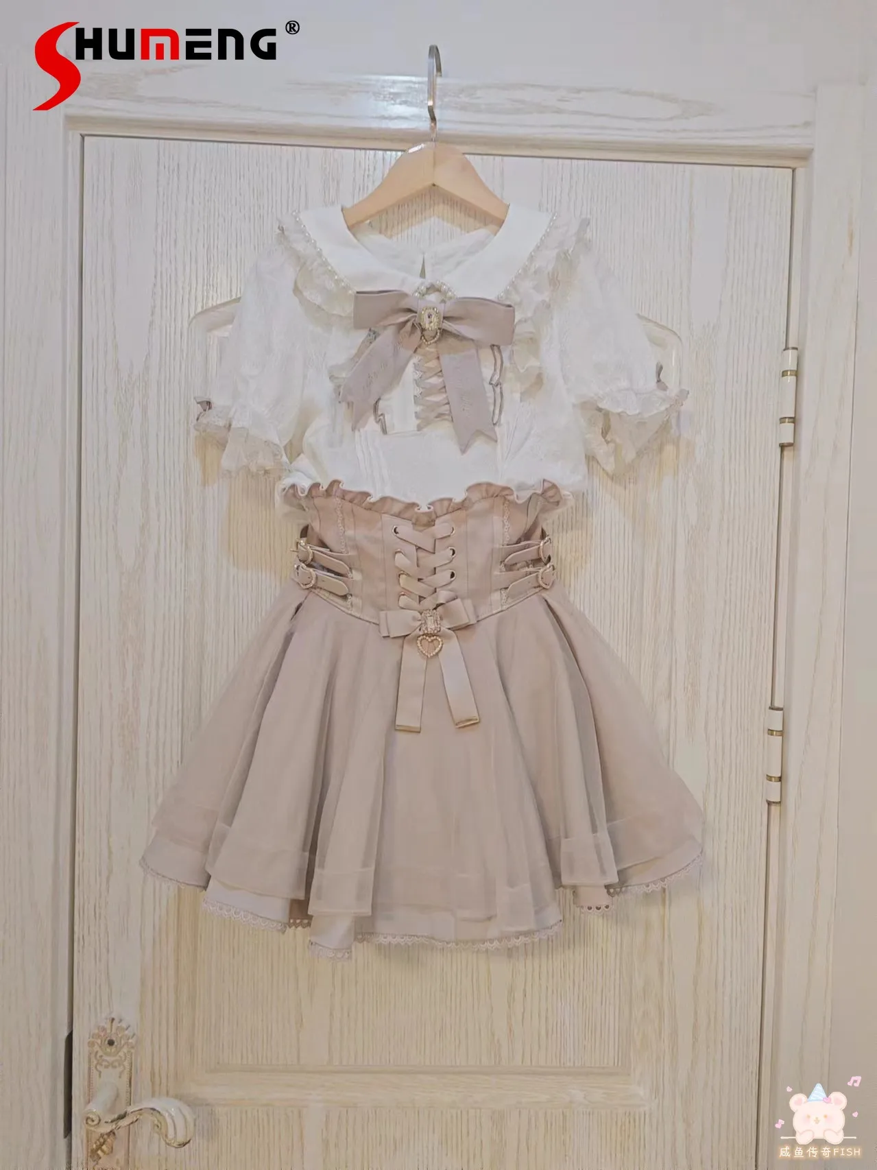 

Japanese Mine Style Mass-produced Lace Splicing Pearl Beads Doll Collar Bow Short Sleeve Sweet Lolita Blouse Shirt Top Women