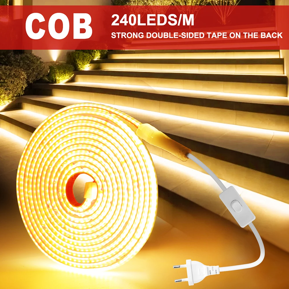 220V COB LED Strip Light with Switch EU Power Plug 2Pin Wire 240LEDs Waterproof Bright Flexible Adhesive Tape LED Lighting Decor