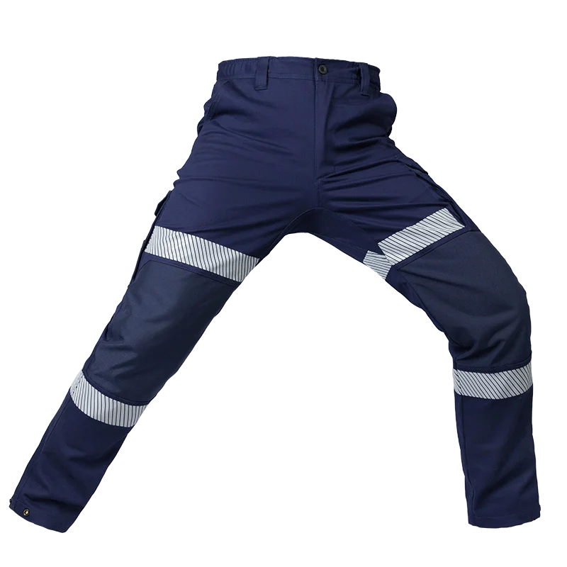 100% cotton  Men's Navy Blue Work Pants High-stretch work trousers multi-pocket workwear with reflective stripes