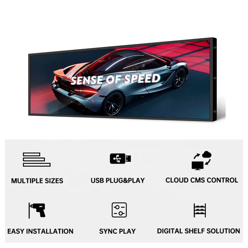 Bar-shaped Digital Indoor LCD Advertising Player, Supermarket Shelf Side Screen, 36.2inch Stretched Bar Shelf Advertising Screen