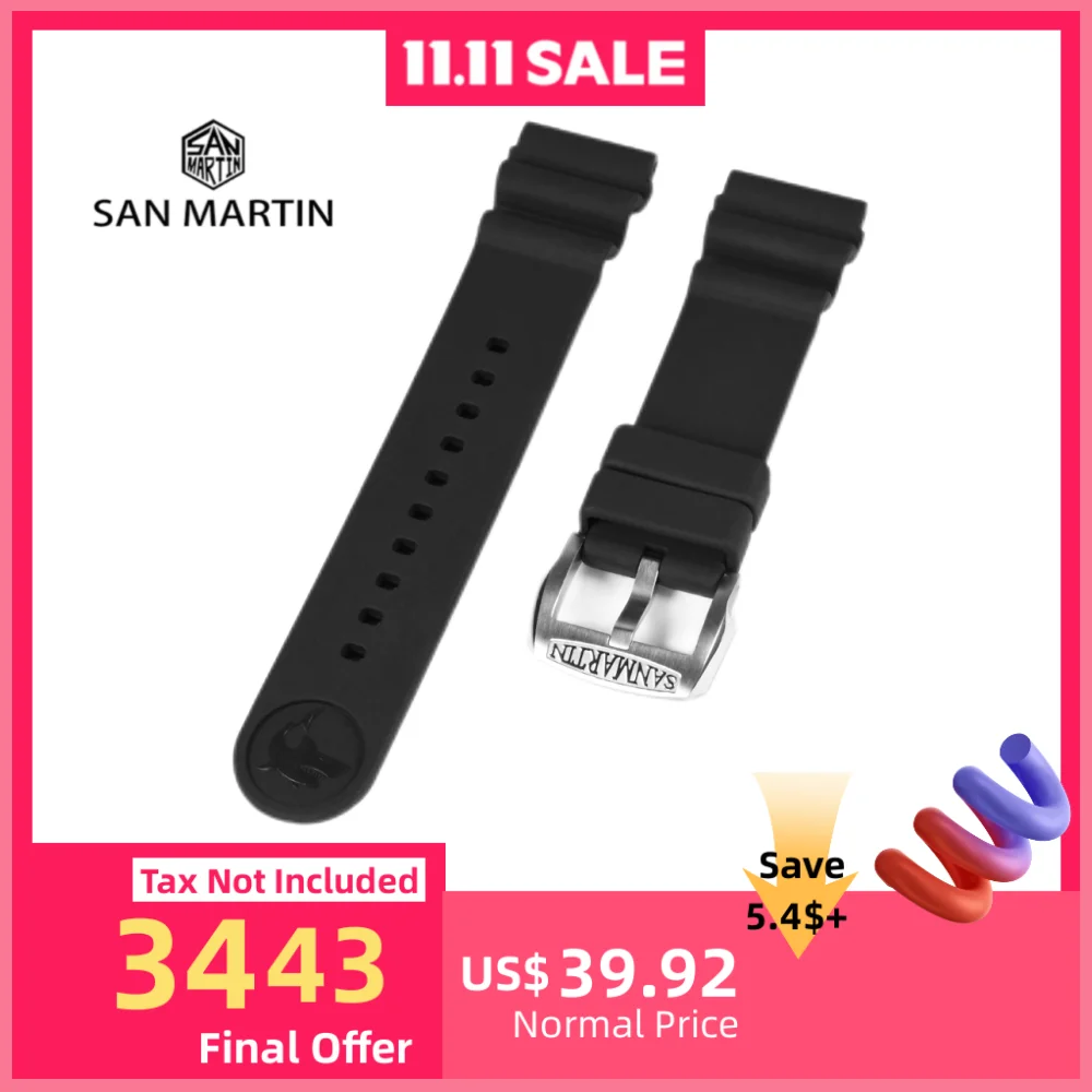

San Martin 20mm 22mm Men Dive FKM Rubber Strap Waterproof With Stainless Steel / Bronze Pin Buckle Watchband Comfortable SF0003