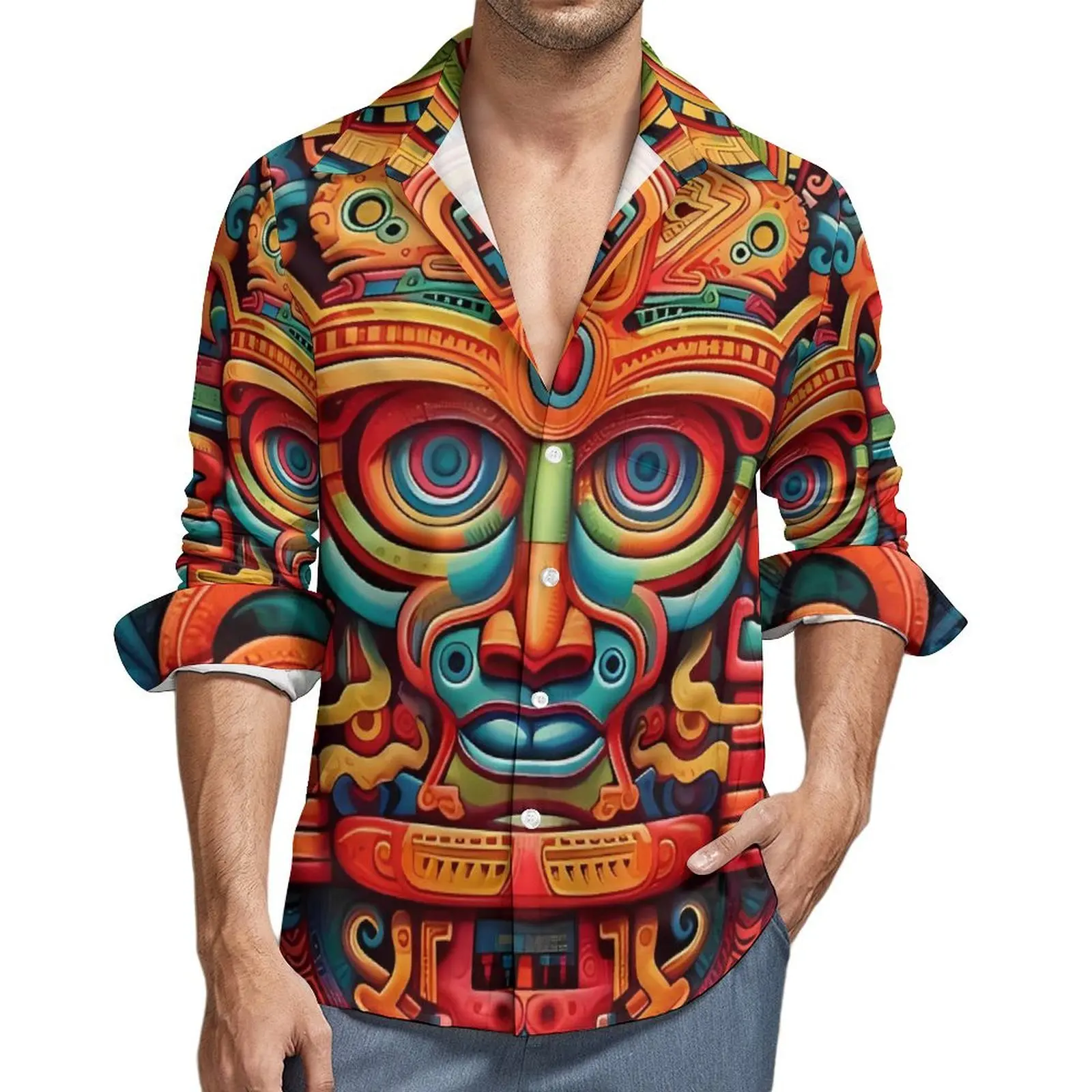 Abstract Aztec Art Casual Shirt Male  Breathable Shirt Autumn Classic Blouse Long Sleeve Pattern Oversize Clothes