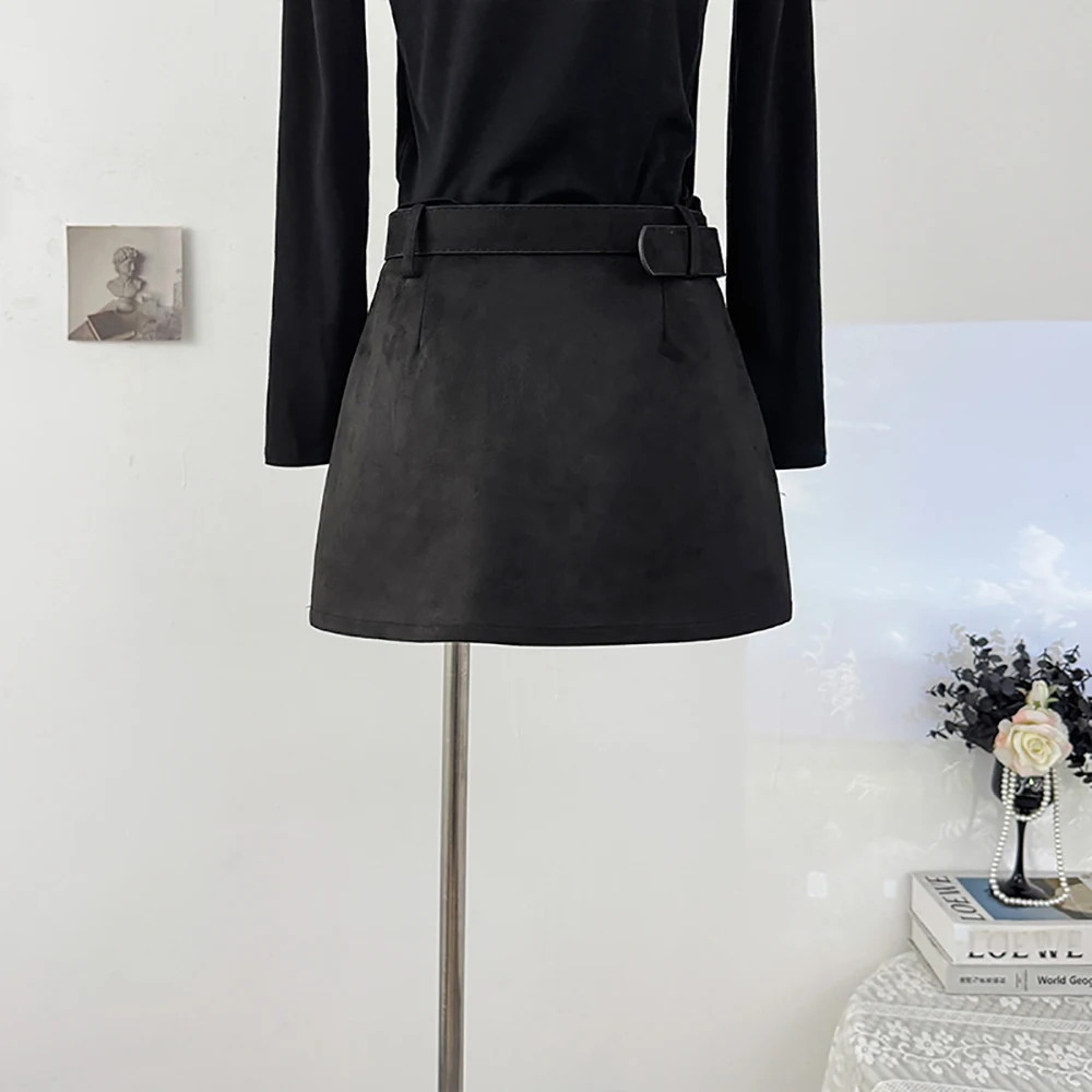 Faux Suede Vintage Skirts French Spicy Girl Solid Color A-Line Mini Skirt Autumn Winter Temperament High Waist All-Match Skirts