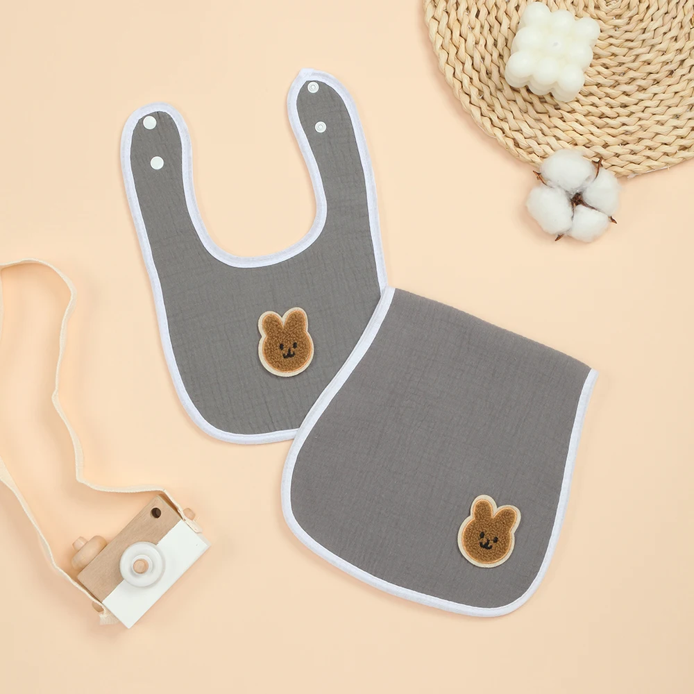 

1 Set Cotton Baby Burp Cloths and Bib, Gentle Infant Burp Rags with Curved Design, Adjustable Snap Newborn Bib(Deep Grey)