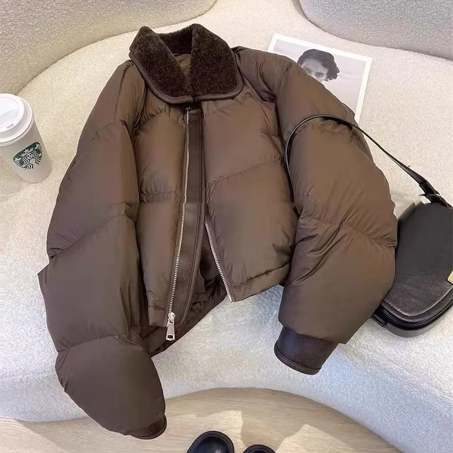 Retro Patchwork Lapel Cotton Clothes Women's Autumn Winter Zipper Lightweight Padded Jacket Brown Loose Warm Quilted Coat