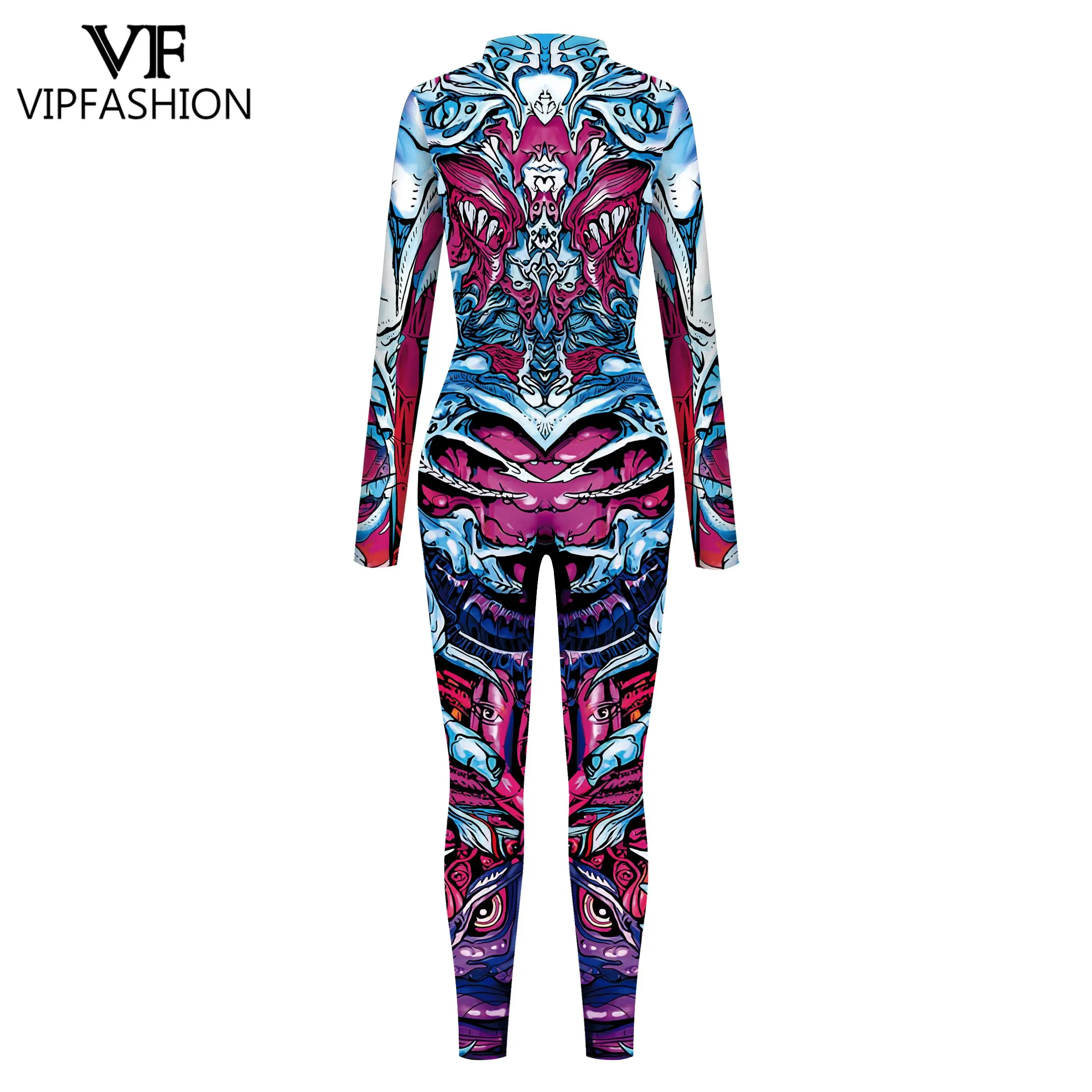 VIP FASHION Halloween Cosplay Costume Carnival Party Hooded Zentai Catsuit 3D Digital Printing Women Outfits Bodysuit