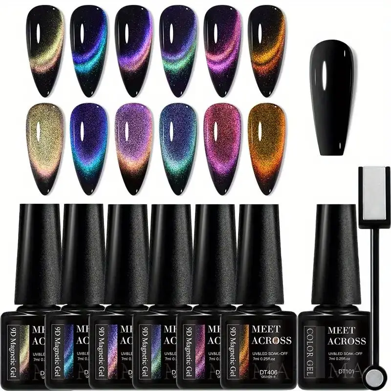 8pcs/set 9D Magnetic Cat Eye Gel Nail Polish Set with Soak-Off Formula and Magnetic Stick - Create Stunning Nail Art with Ease