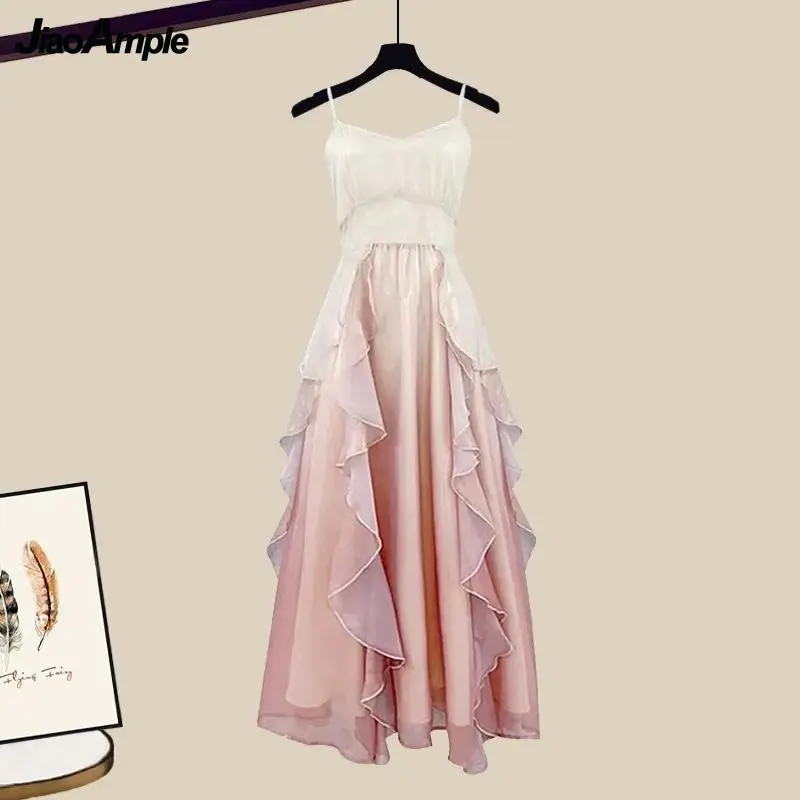 Women\'s 2024 Summer New Fashion Short Sleeved Shirt+Sling Skirt Two Piece Suit Korean Elegant Short Top Dress Matching Set