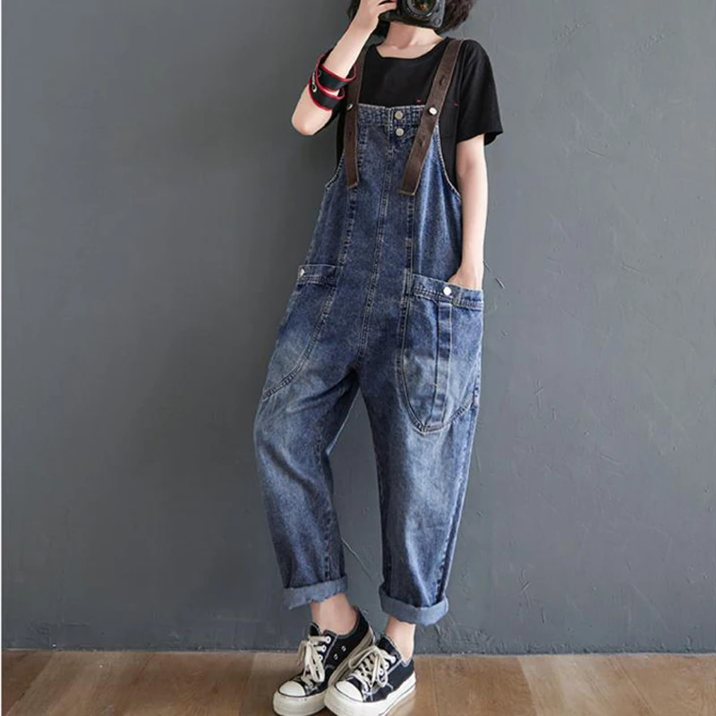 Vintage Big Pocket Suspender Jeans Trousers 2022 Spring Summer Women's Clothing Casual Strap Denim Harem Pants Female