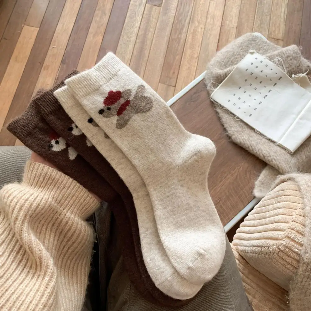 Warm Fleece Socks 5 Pairs Student Socks with Cartoon Puppy Design Thickened Fleece Lining Winter Warmth Socks Stretch Fit Cozy