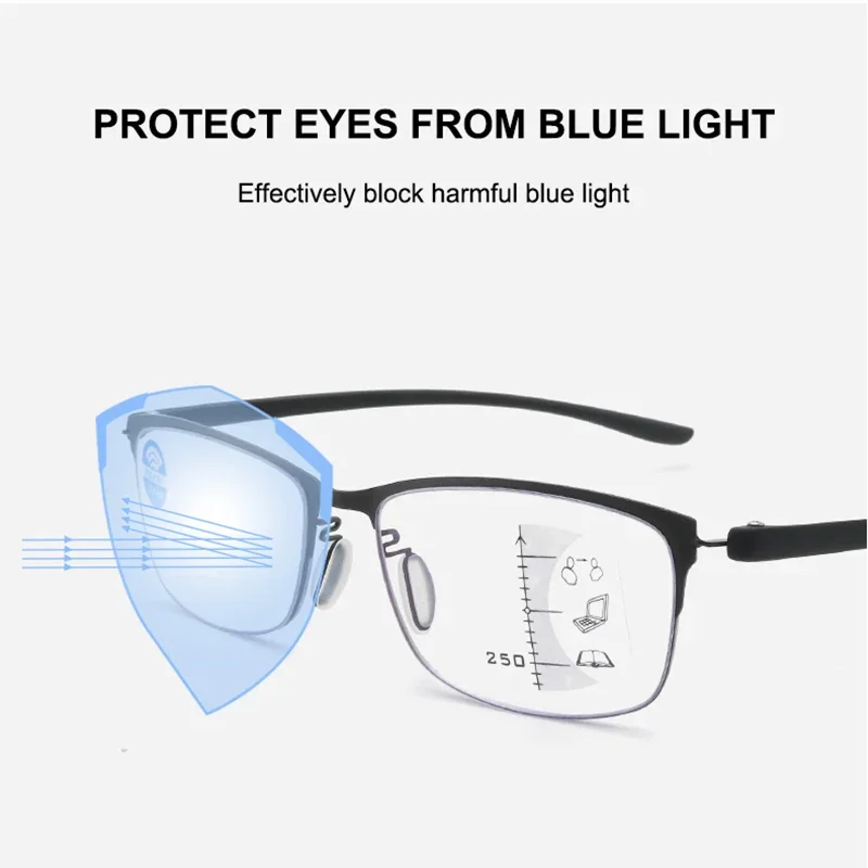 IENJOY Half Frame Multifocal Reading Glasses for Men TR Progressive Bifocal Eyeglasses Blue Light Presbyopic Eyewear 1.0 2.0 3.0