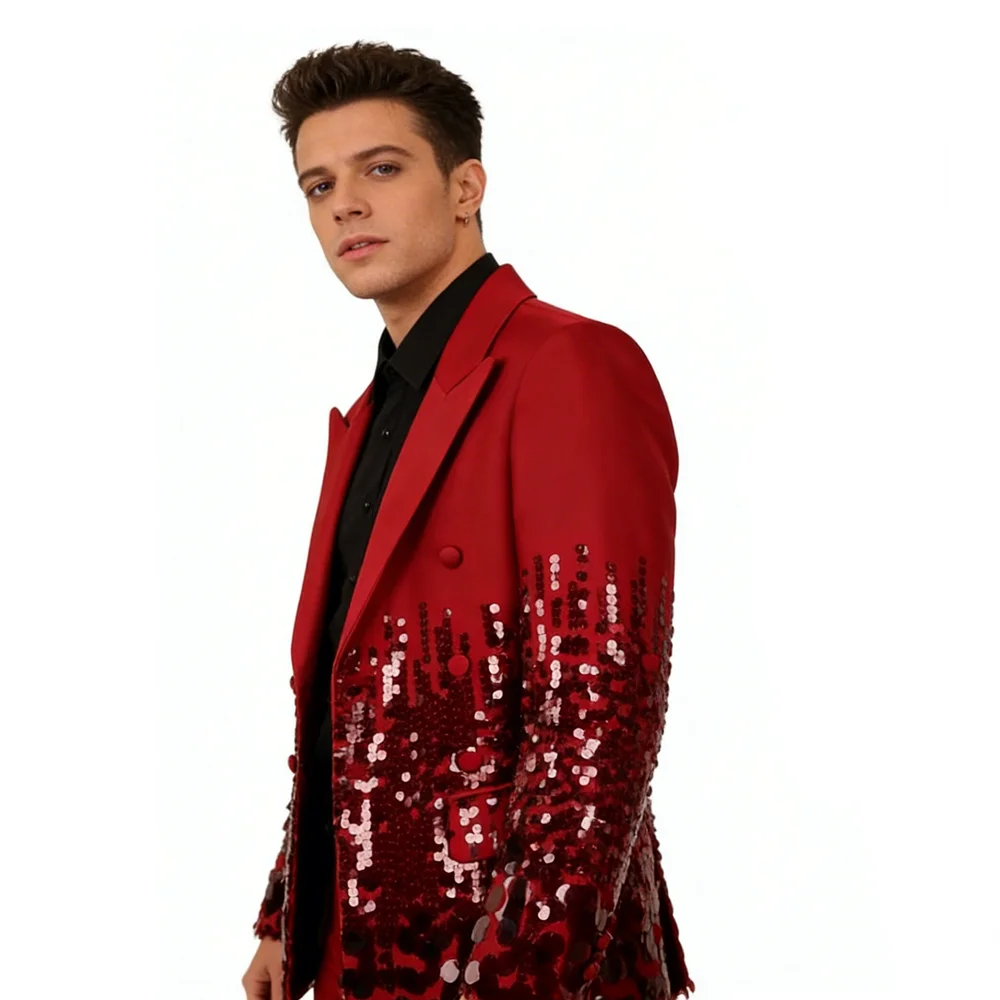 

Fashion Men's Wine Red Sequins Blazer Singer Bar Concert Stage Performance Suit Jacket Party Show Costume