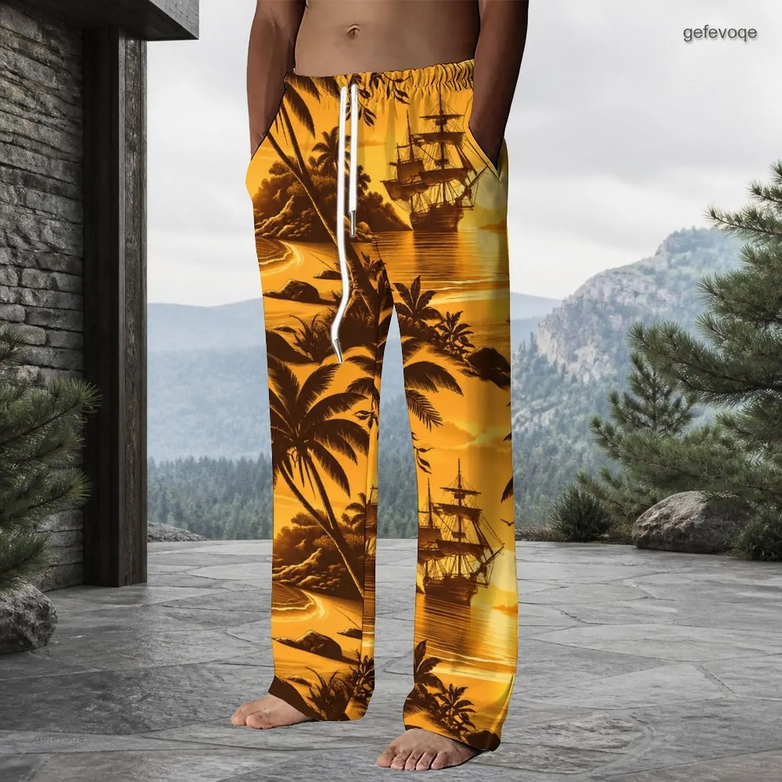 Men Printed Drawstring Waist Full Length Straight Leg Pants, Yellow Brown Tropical Palm Sailing Ship Beach Pattern Trousers