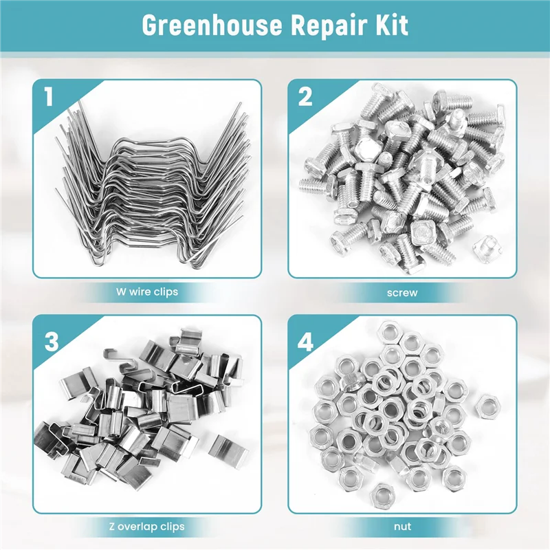 ABZS Kit de reparación de invernadero de 200 piezas, incluye acristalamiento con clip de alambre, clip de superposición Z, tuerca y perno de aluminio para invernadero de aluminio