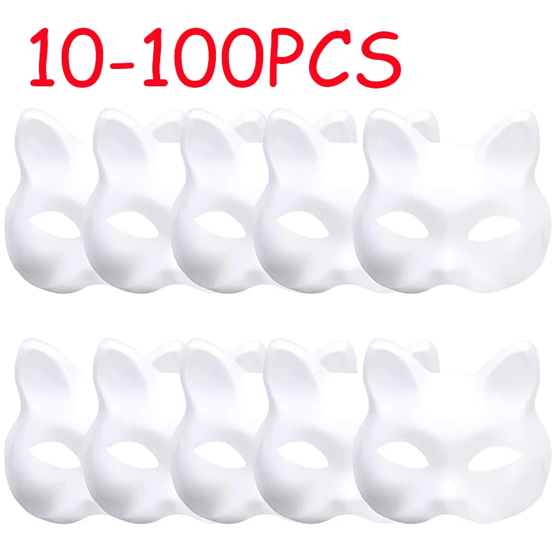 10/20/30/50/100PCS Therian Masks White Cat Masks Blank DIY Halloween Mask Animal Half Facemasks Masquerade Cosplay Party