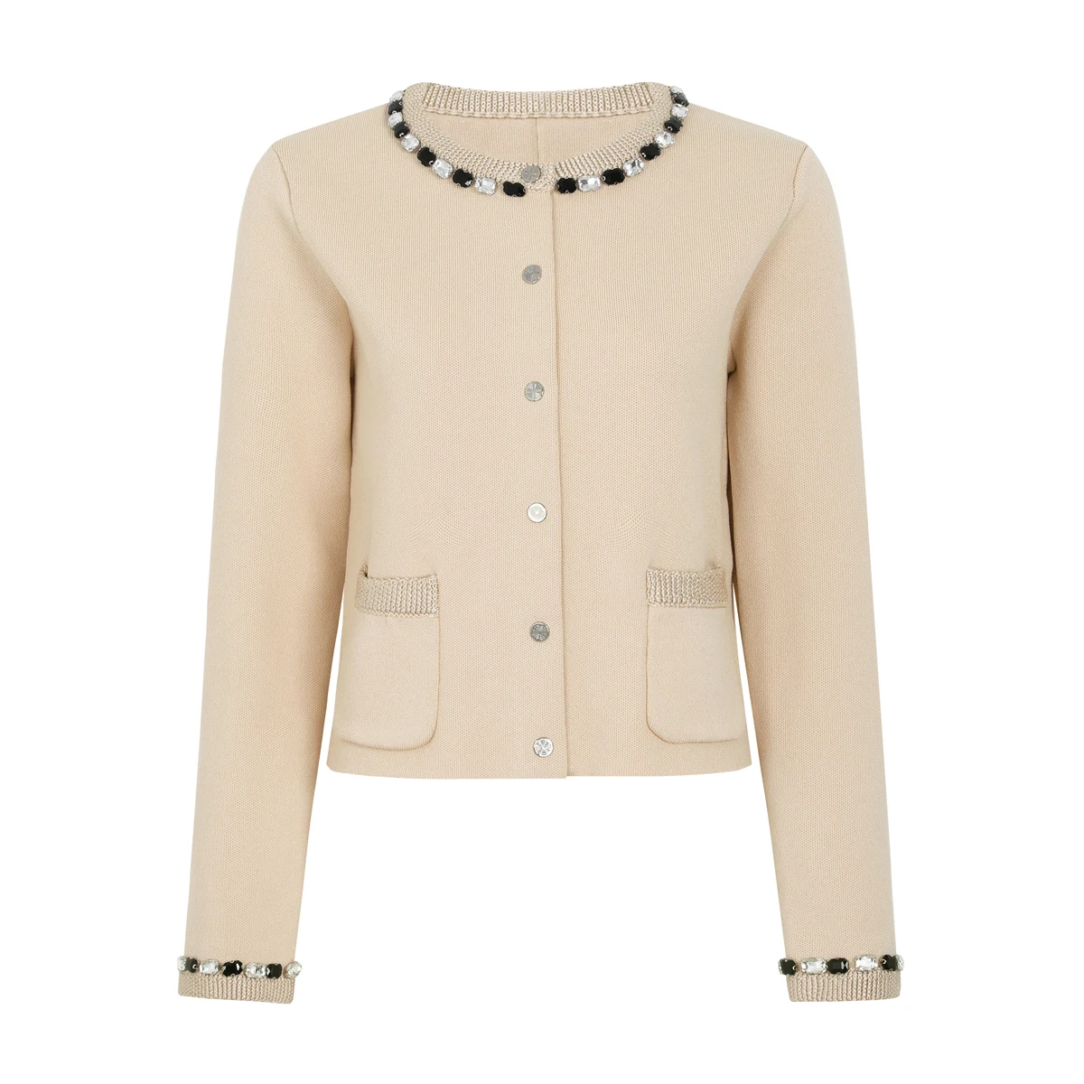 

2666 High Quality New Fashionable Complex Exquisite Nail Bead Elastic Knitted Round Neck Long Sleeve Women's Top Cardigan