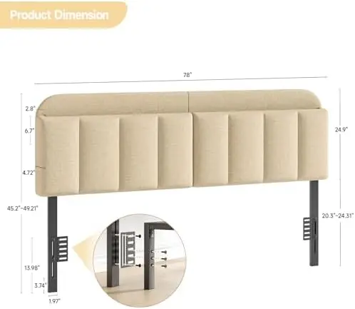 Adjustable Headboard for King/California King Size Bed Frame, Linen Fabric Bed Headboard with Storage & RGB LED Light - view 2