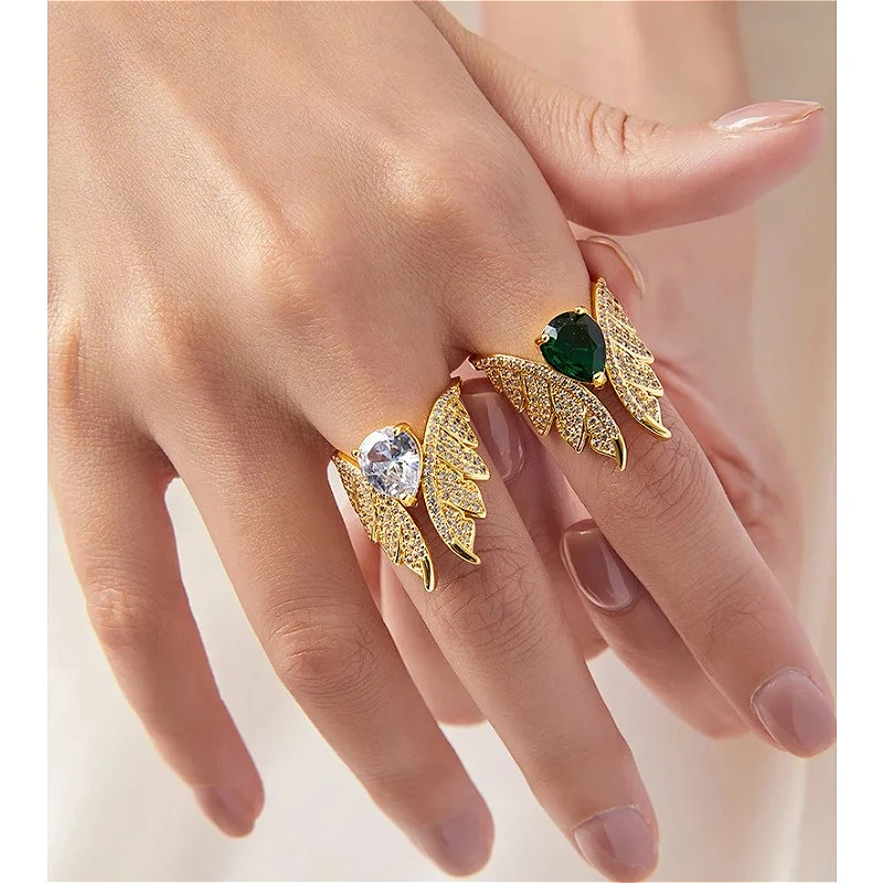 

Green and White Zircon Wing Rings for Women Copper Material 18K Gold Plated Waterproof Elegant Women's Ring Luxury Woman Jewelry