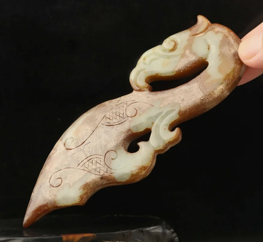 Old natural jade hand-carved statue of dragon axe sword pendant #29