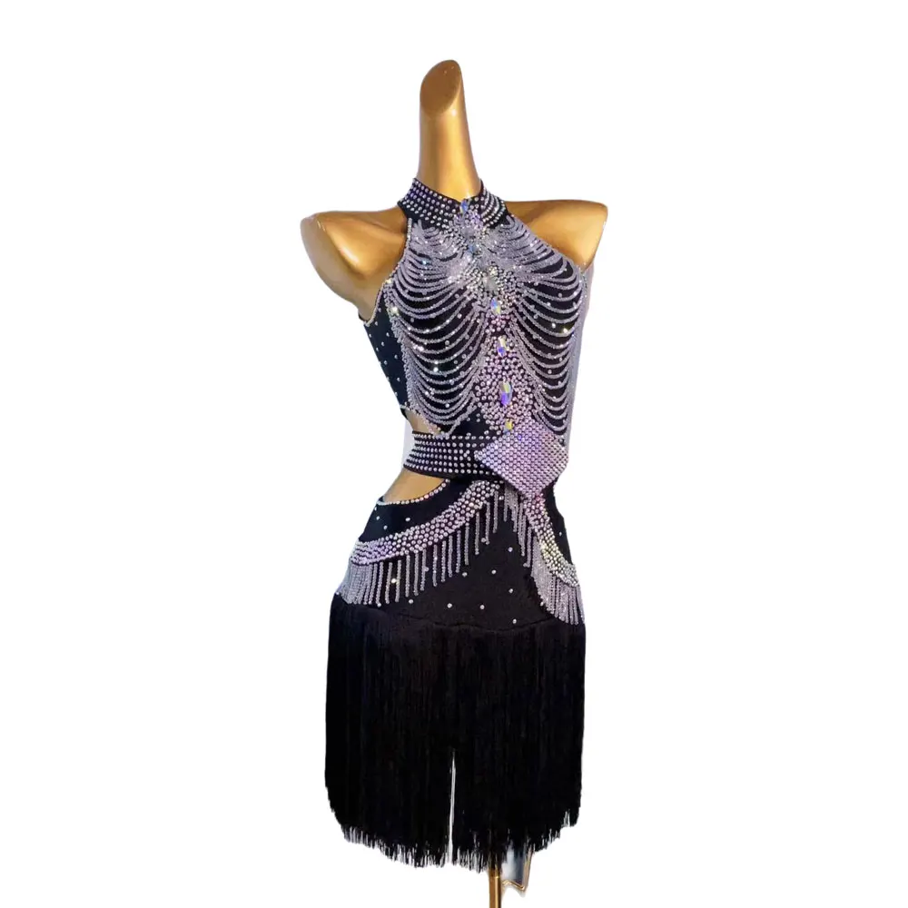 Latin Dance Dress High-end Custom Crystal String Tassel Dance Dress Cha Cha Tango Female Adult Stage Professional Clothing