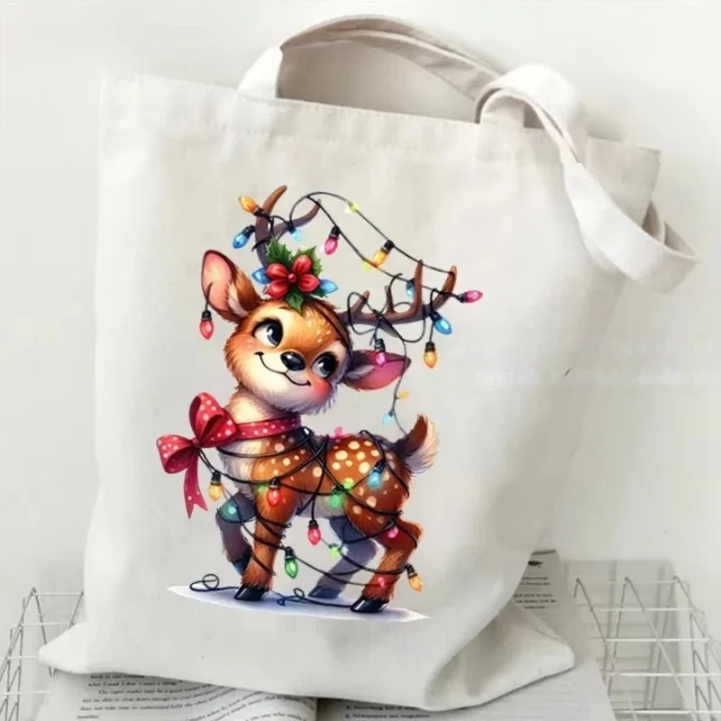 Cute Christmas Fawn Canvas Tote Bag Cartoon Reindeer With Xmas Lights Red Bow Print Shoulder Handbag Shopping Bag