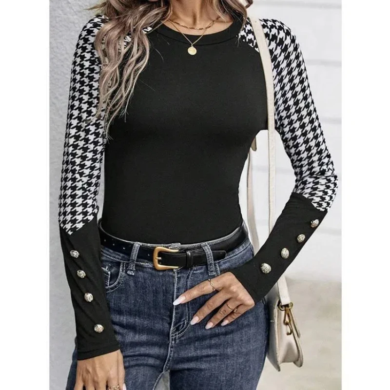 Women's Houndstooth Round Neck Contrast Long Sleeve Button T-shirt Top