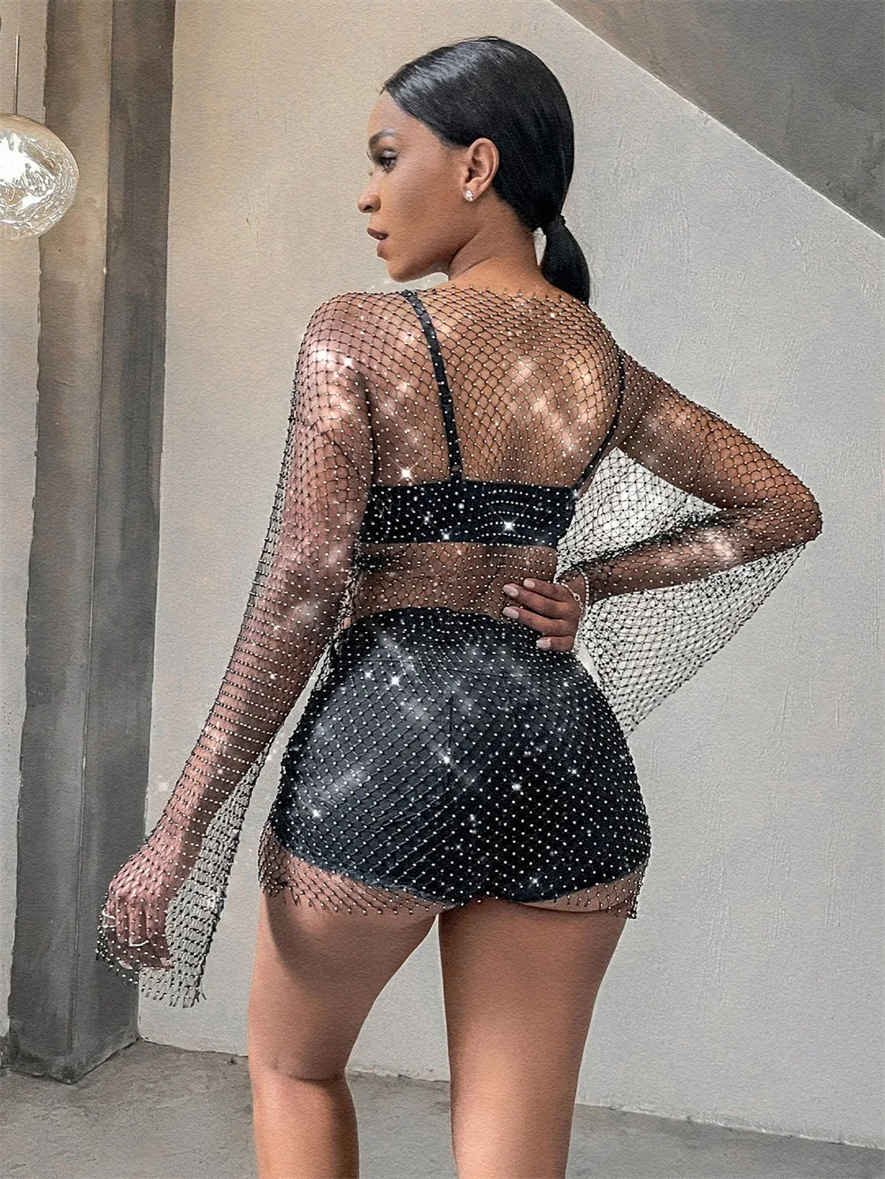 Glitter da donna Sexy Sheer Fishnet strass Summer body Club Party Mesh Bikini Cover Up Beach Dress