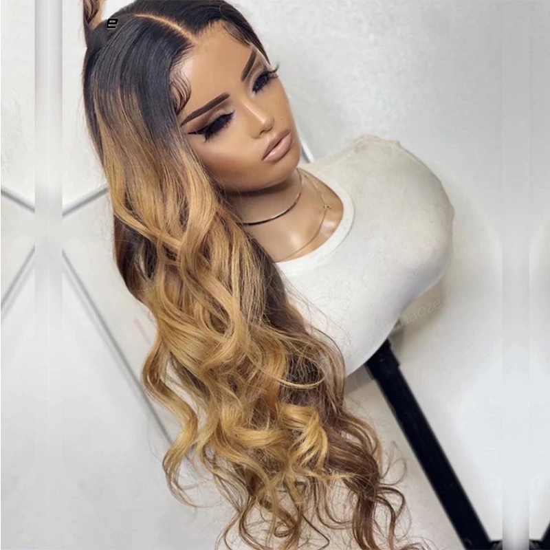 26“Long Ombre Blonde Body Wave Preplucked Soft 180%Density Natural Hairline Glueless Lace Front Wig For Black Women Babyhair Wig