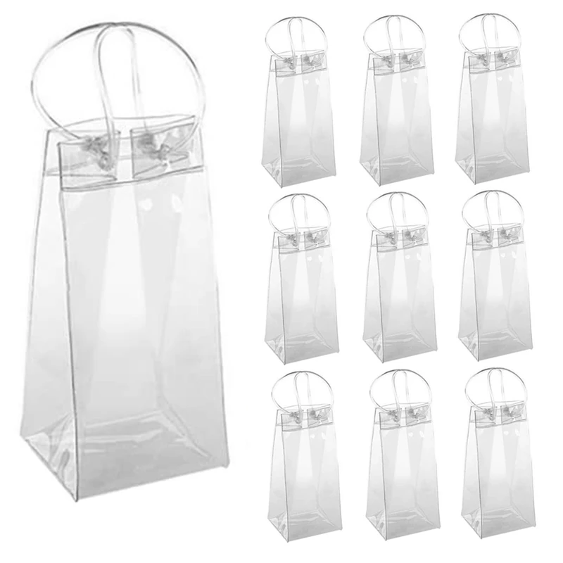 Pack Of 10 Wine Cooler Bag Ice Bag Transparent PVC Bag Portable Wine Bottle Cooler Bag Champagne Ice Bag With Handle