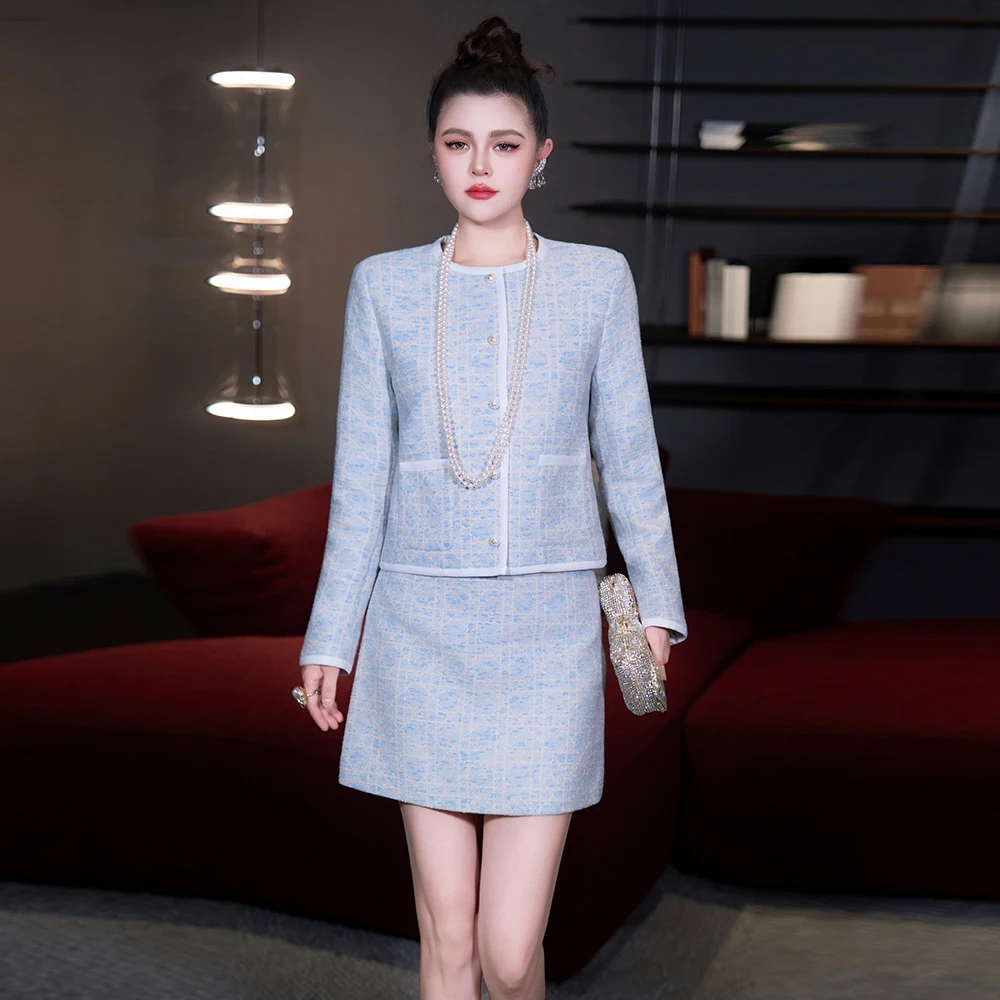

ZJYT Elegant Long Sleeve Plaid Woolen Jacket Suit with Skirt 2 Piece Matching Set Autumn Winter 2025 Womens Outfit Vintage Suits