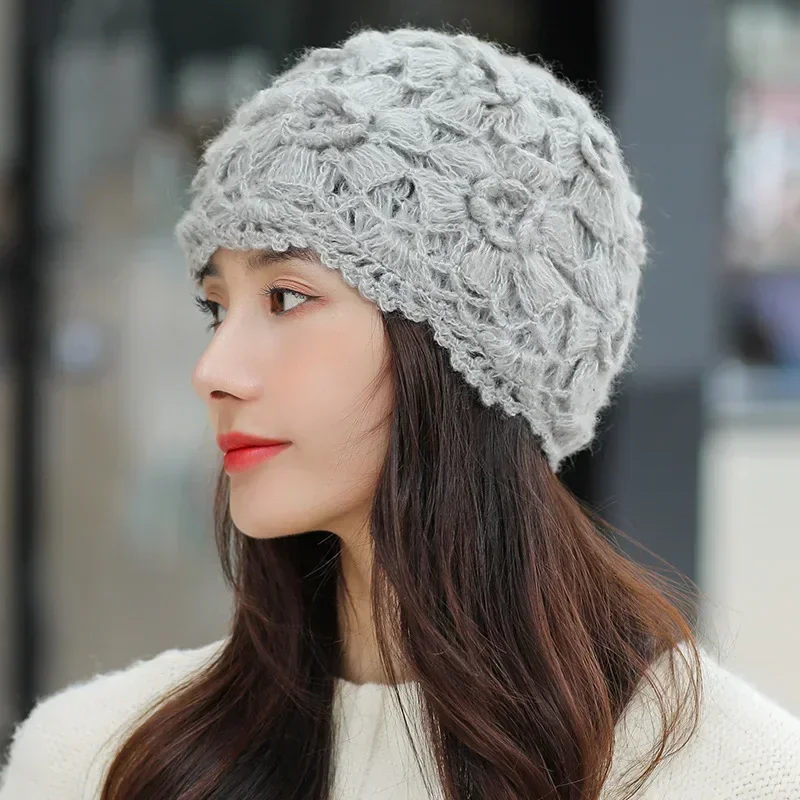 Women Hand-Knitted Flower Hollow Thin Cap Spring Summer Lace Breathable Kerchief Hat Crochet Toe Cap Cotton Thread Hat Female