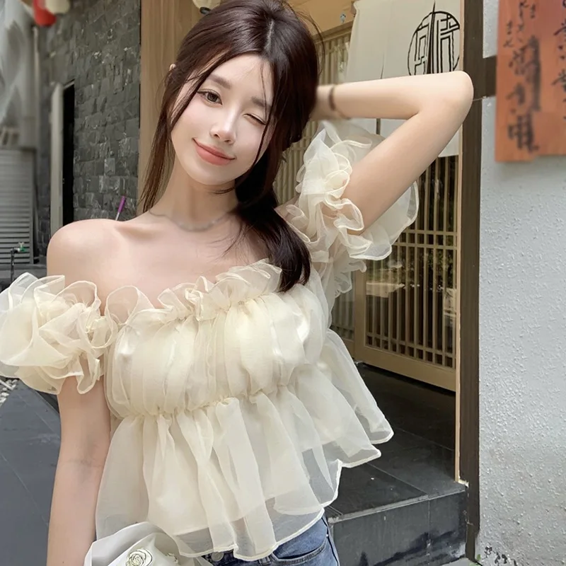 Puff Sleeve Blouses For Women Trendy Summer Cute Popular Ulzzang Solid Ruffles Slim Fit College All-match Korean Style