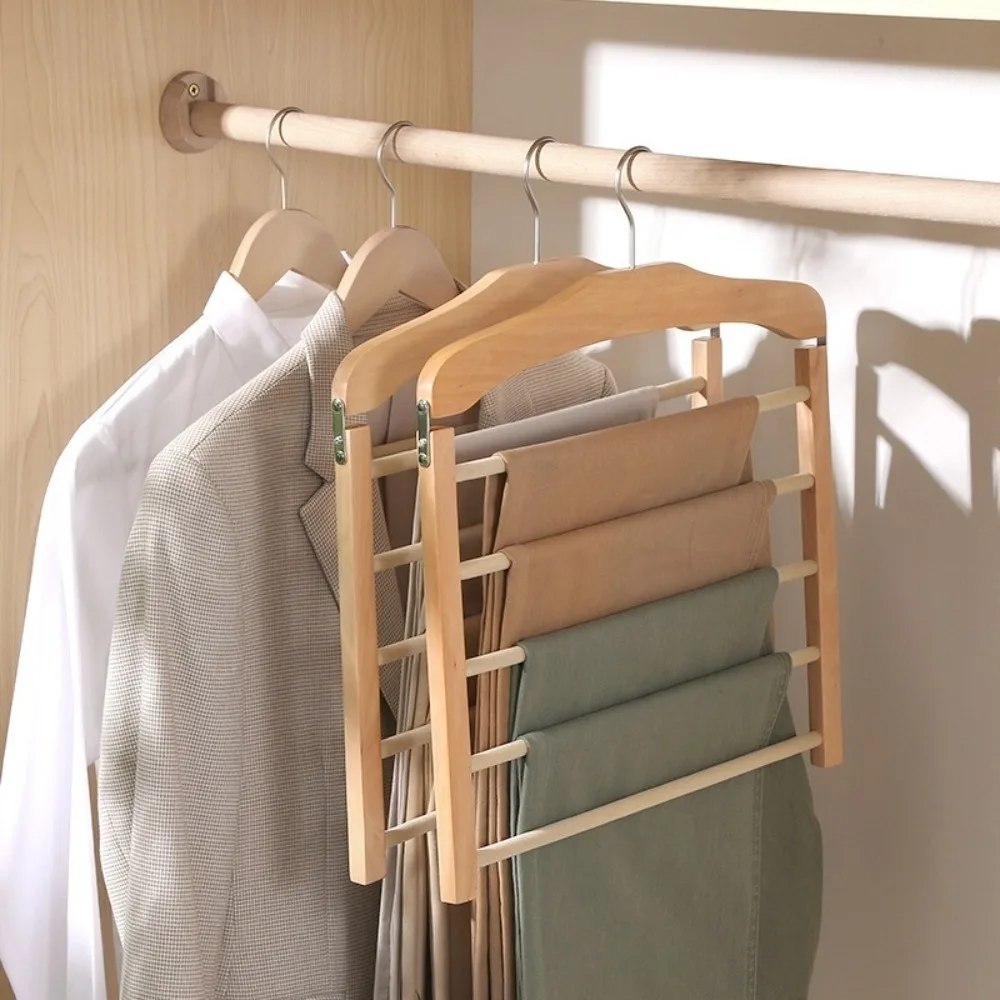 Premium Quality 5-layer Pants Hanger Flocking Wooden Scarf Storage Rack Anti-slip Closet Organizer For Ties, Scarves & More