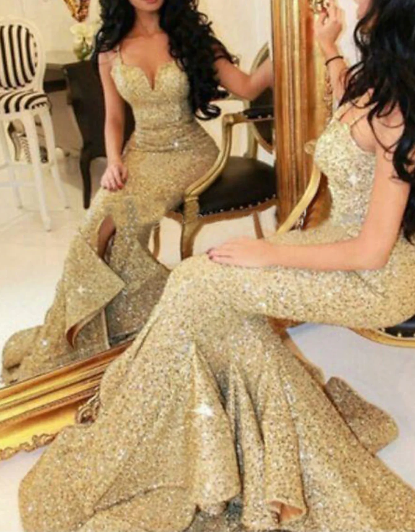 

Mermaid Wedding Guest Formal Evening Dress Sweetheart Neckline Sleeveless Court Train Sequined with Ruffles Slit