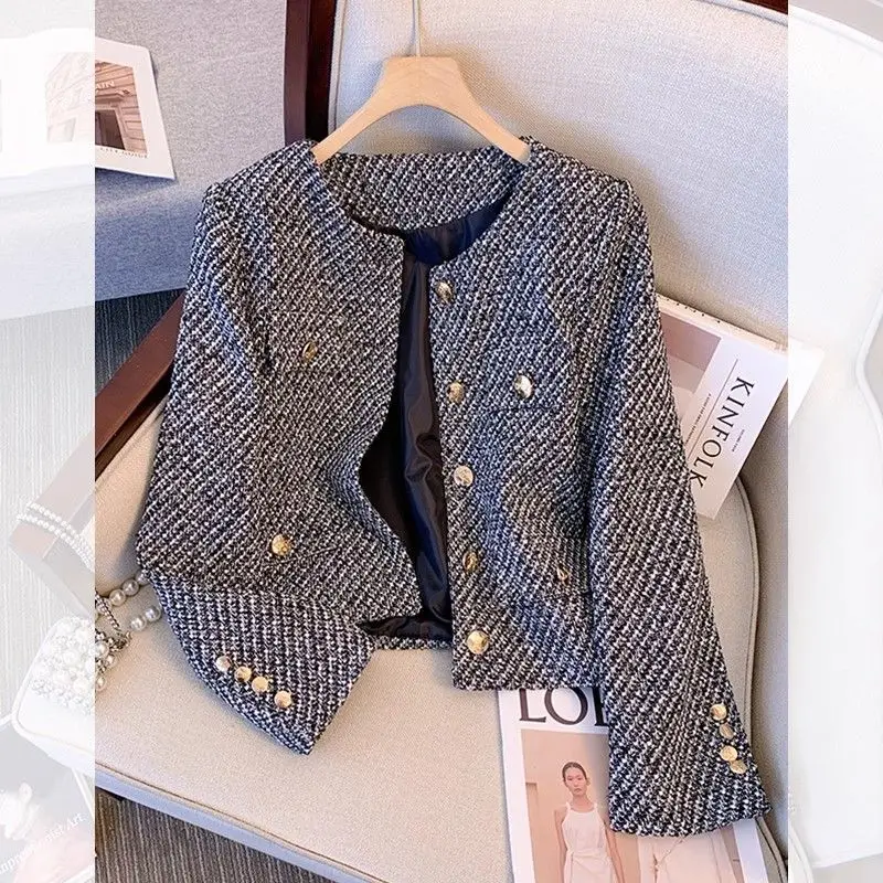 Grey Coarse Woolen Coat Pure Color Spring Autumn New Small Fragrant Style Temperament Top
