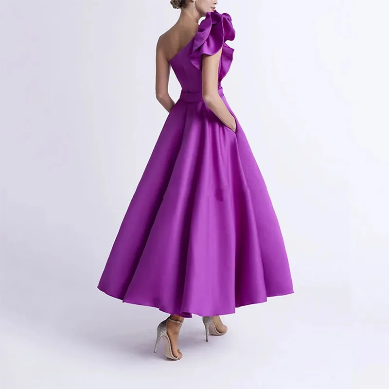 Purple Satin Evening Dress For Woman With Pockets Ankle Length A Line One Shoulder Ruffles Vintage Prom Formal Party Gowns 2024