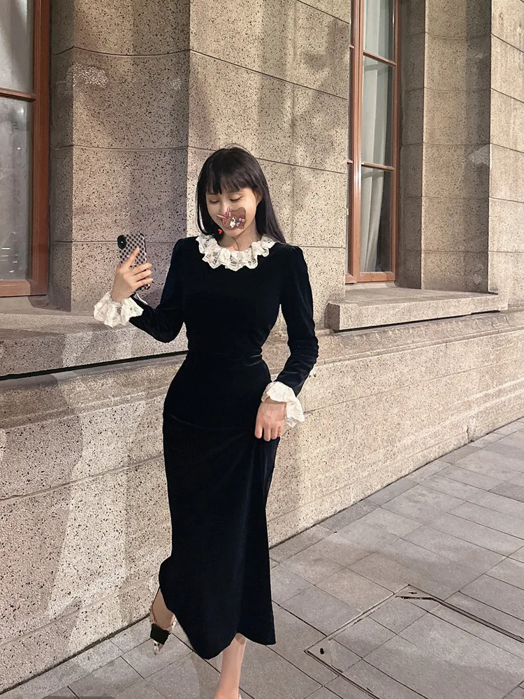 

Velvet Lace Collar Long Sve Dr Women's Autumn Winter Slimming Thiened Skirt Ci Commuting Sle French Sle Faion