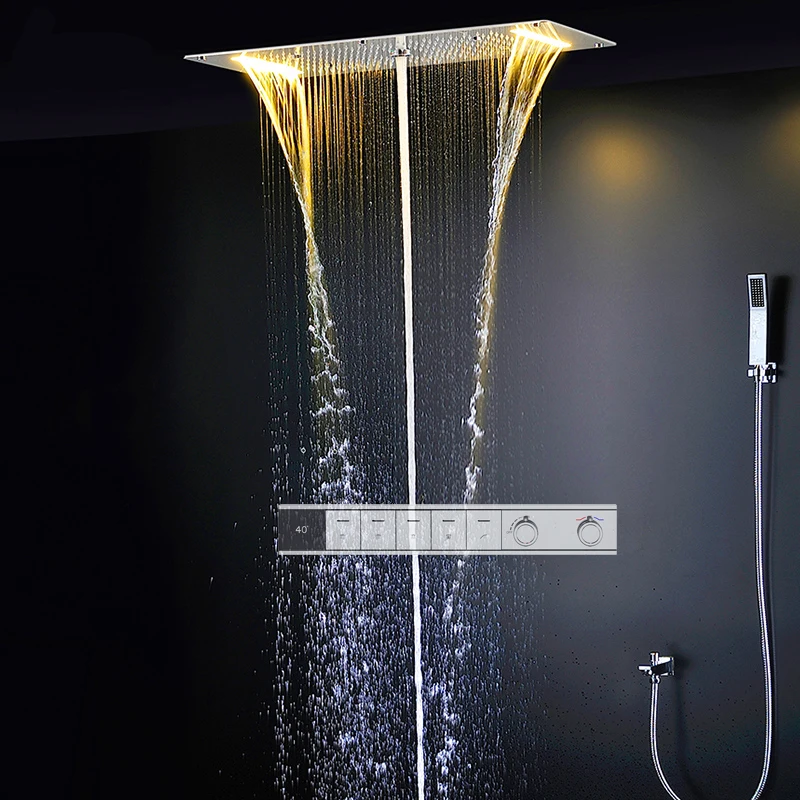 Luxury LED Thermostatic Shower Set Polished Chrome Brass Valve Body Stainless Steel Rainfall Waterfall Soft Bathroom